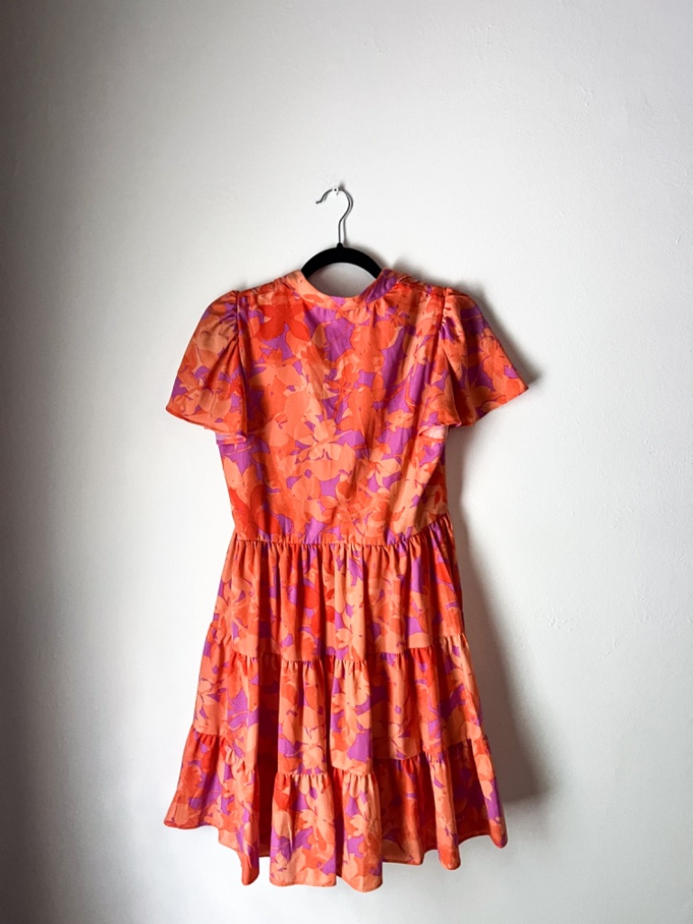 Floral Tiered Mini Dress Size 4 Orange Pink Flutter Sleeve Cottagecore Boho - Picture 4 of 7